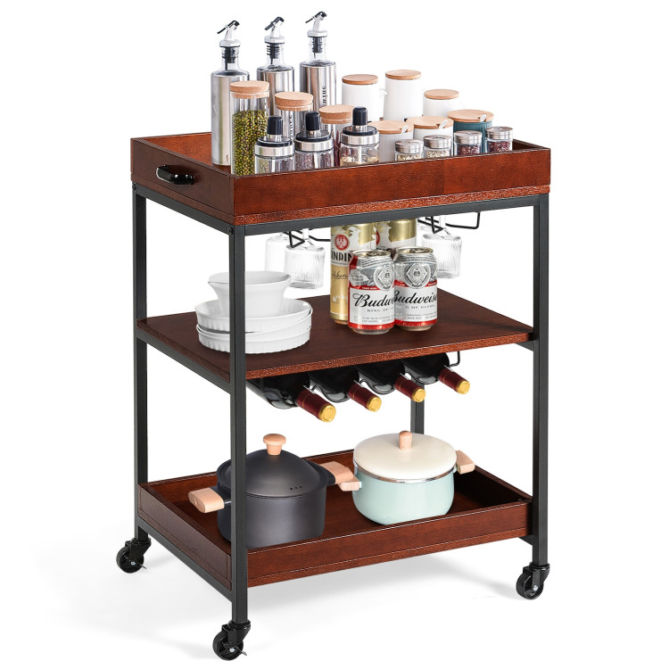 3 Tiers Kitchen Island Serving Bar Cart with Glasses Holder and Wine Bottle RackCostway Gallery View 8 of 11