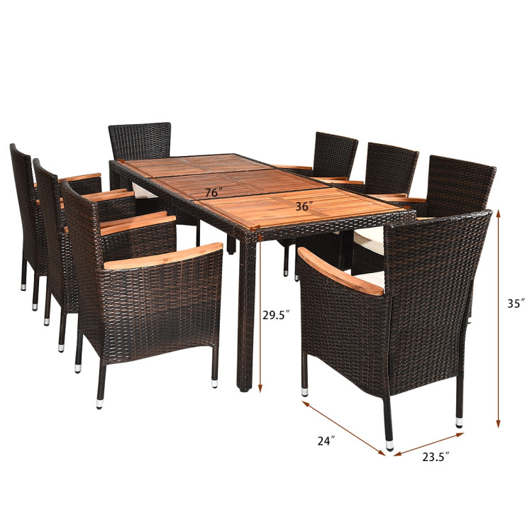 9 Pieces Patio Rattan Dining Set with Stackable Chairs Cushioned and Acacia Wood Table TopCostway Gallery View 4 of 11