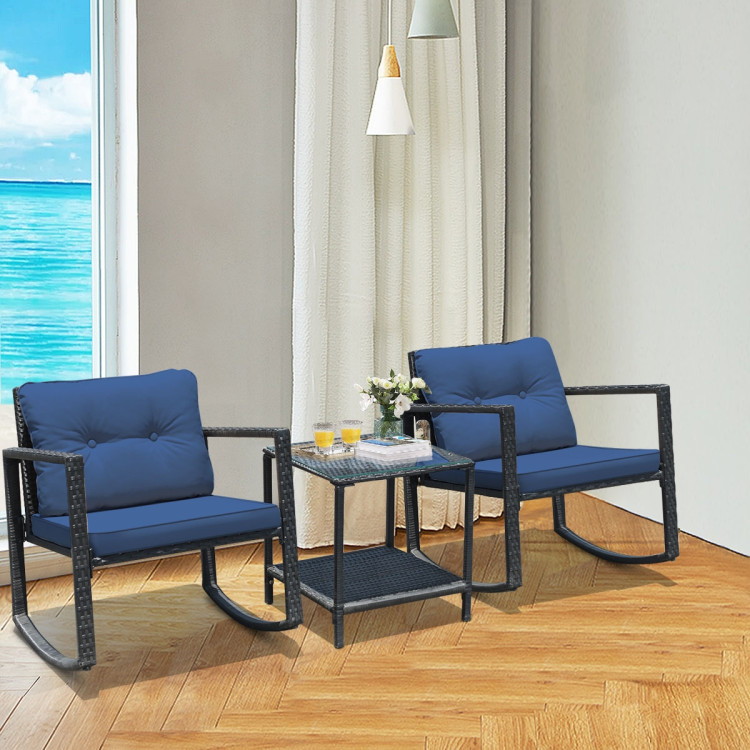 3 Pcs Patio Rattan Set Rocking Chair Cushioned Sofa Garden Furniture-NavyCostway Gallery View 2 of 10