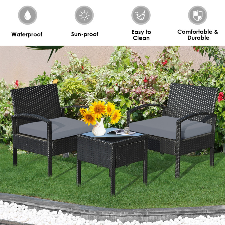 3 Pieces Outdoor Rattan Patio Conversation Set with Seat Cushions-GrayCostway Gallery View 2 of 12