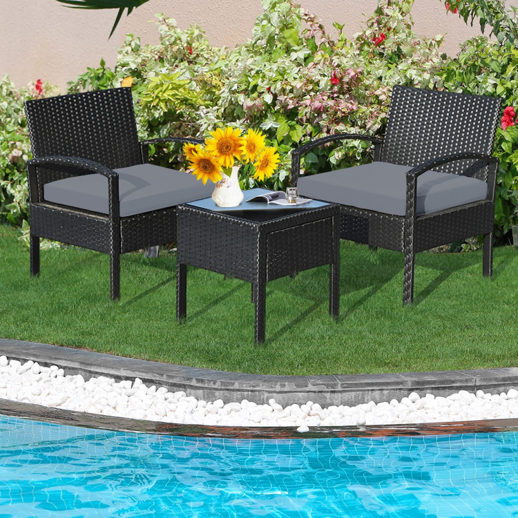 3 Pieces Outdoor Rattan Patio Conversation Set with Seat Cushions-GrayCostway Gallery View 1 of 12