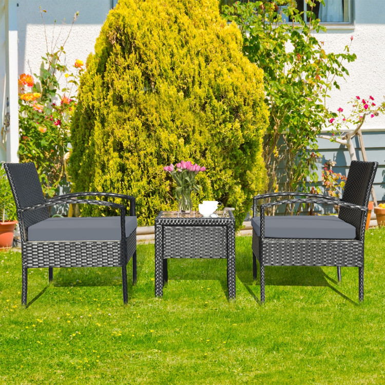3 Pieces Outdoor Rattan Patio Conversation Set with Seat Cushions-GrayCostway Gallery View 7 of 12
