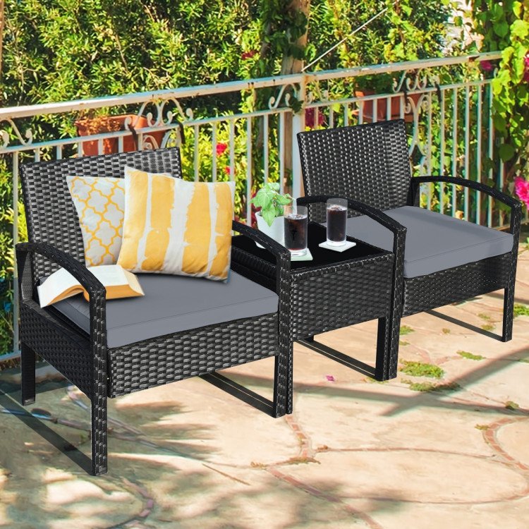 3 Pieces Outdoor Rattan Patio Conversation Set with Seat Cushions-GrayCostway Gallery View 6 of 12