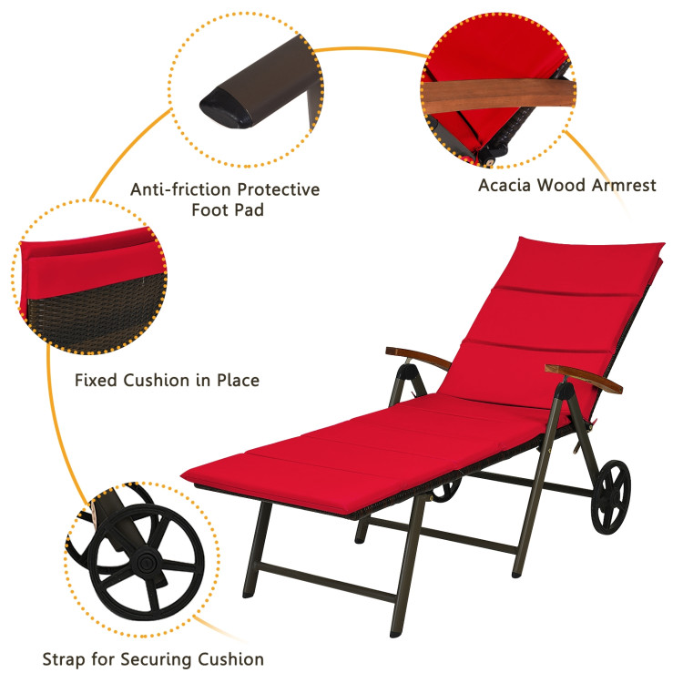 Outdoor Chaise Lounge Chair Rattan Lounger Recliner Chair-RedCostway Gallery View 5 of 12