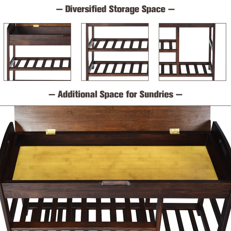 3-Tier Bamboo Shoe Bench Entryway Storage Rack with Openable Seat-BlackCostway Gallery View 8 of 11