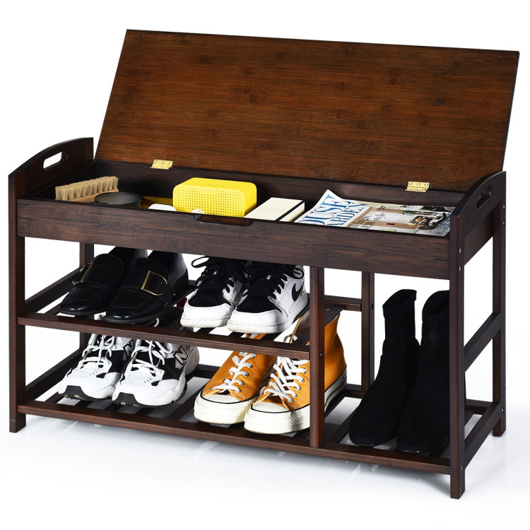 3-Tier Bamboo Shoe Bench Entryway Storage Rack with Openable Seat-BlackCostway Gallery View 7 of 11