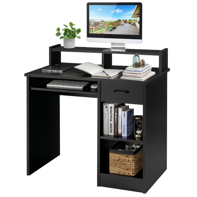 Modern Executive Desk Writing Table with 2-Tier Storage Shelves-BlackCostway Gallery View 3 of 9