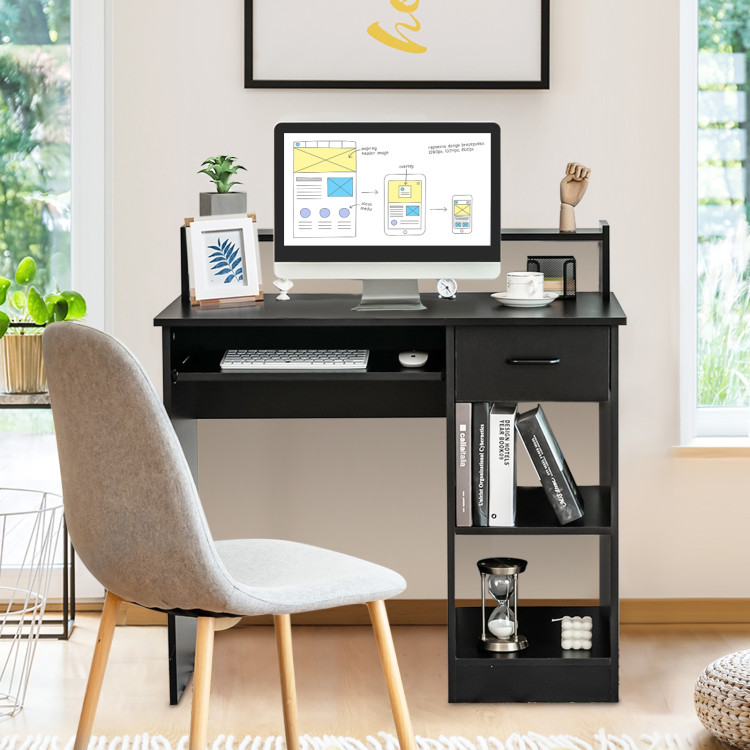 Modern Executive Desk Writing Table with 2-Tier Storage Shelves-BlackCostway Gallery View 1 of 9
