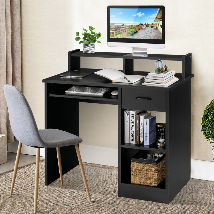 Modern Executive Desk Writing Table with 2-Tier Storage Shelves-BlackCostway Gallery View 6 of 9