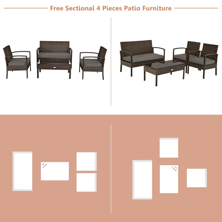4 Pieces Patio Rattan Cushioned Furniture Set with Loveseat and Table -BrownCostway Gallery View 11 of 13