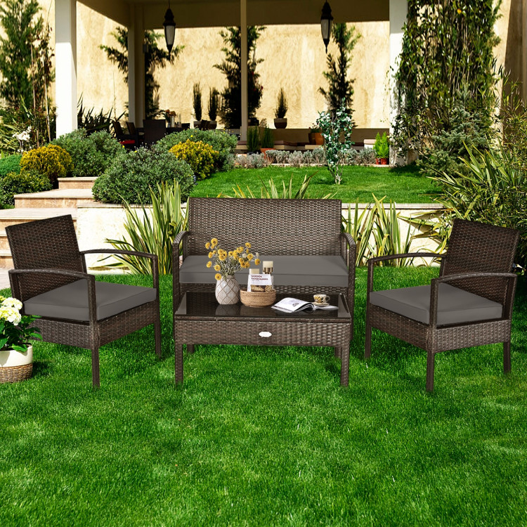 4 Pieces Patio Rattan Cushioned Furniture Set with Loveseat and Table -BrownCostway Gallery View 1 of 13
