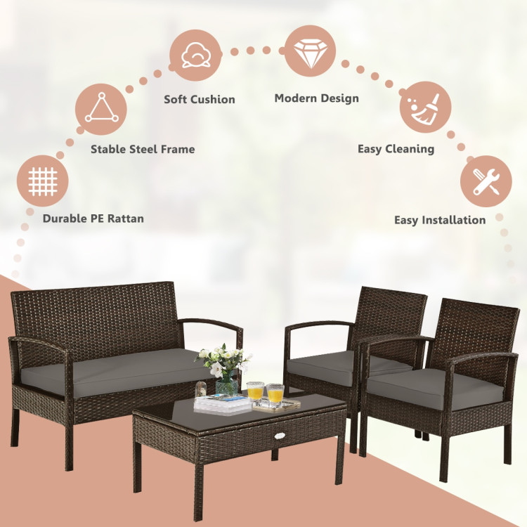 4 Pieces Patio Rattan Cushioned Furniture Set with Loveseat and Table -BrownCostway Gallery View 5 of 13