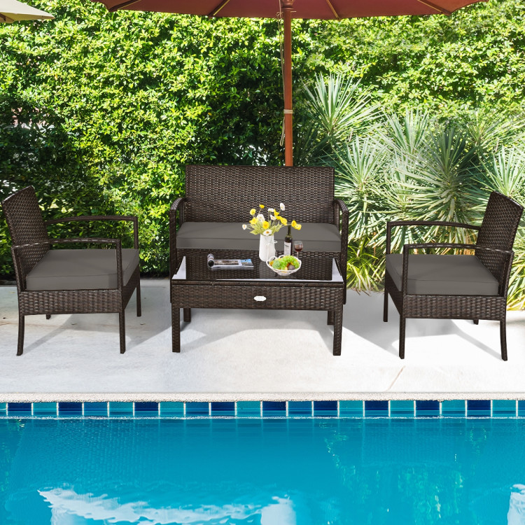 4 Pieces Patio Rattan Cushioned Furniture Set with Loveseat and Table -BrownCostway Gallery View 2 of 13