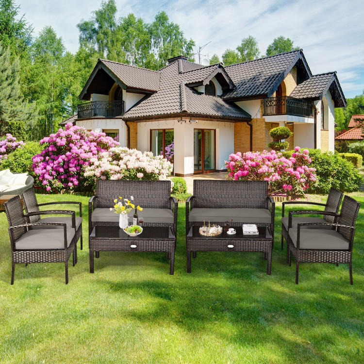 4 Pieces Patio Rattan Cushioned Furniture Set with Loveseat and Table -BrownCostway Gallery View 7 of 13