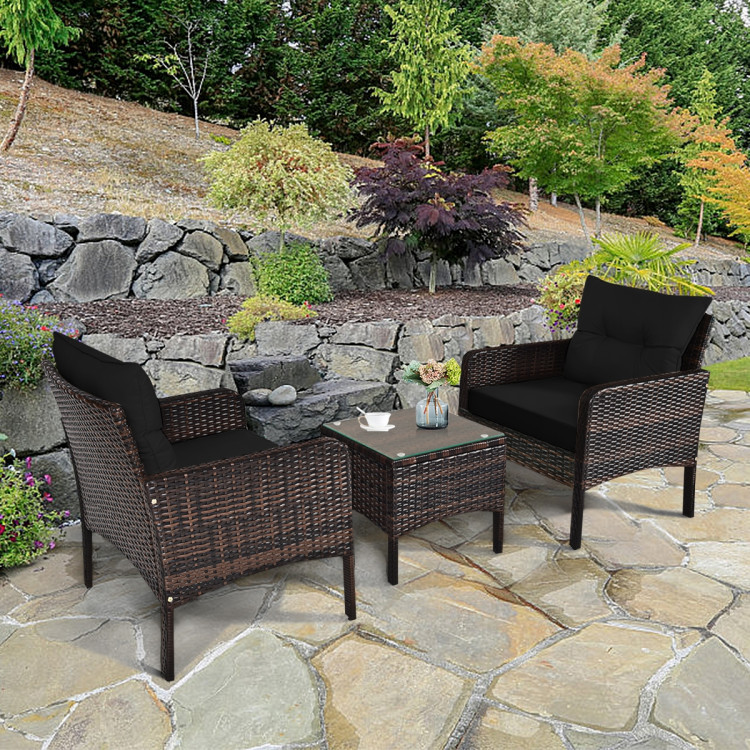 3 Pcs Outdoor Patio Rattan Conversation Set with Seat Cushions-BlackCostway Gallery View 6 of 13