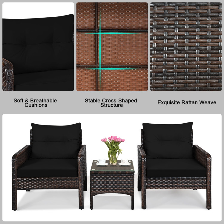 3 Pcs Outdoor Patio Rattan Conversation Set with Seat Cushions-BlackCostway Gallery View 5 of 13