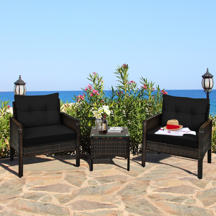 3 Pcs Outdoor Patio Rattan Conversation Set with Seat Cushions-BlackCostway Gallery View 1 of 13