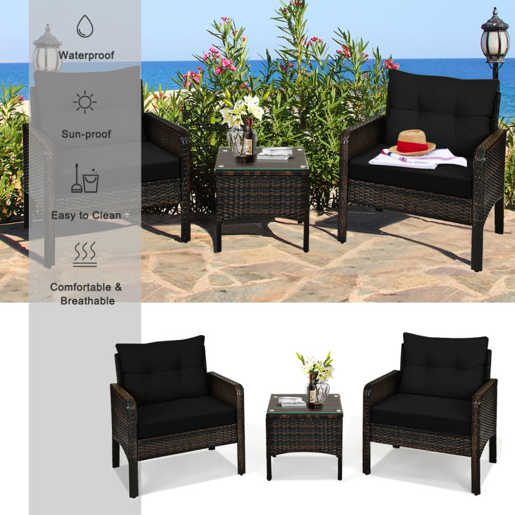 3 Pcs Outdoor Patio Rattan Conversation Set with Seat Cushions-BlackCostway Gallery View 2 of 13