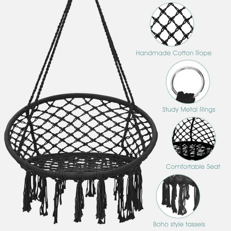 Hanging Macrame Hammock Chair with Handwoven Cotton Backrest-BlackCostway Gallery View 2 of 9