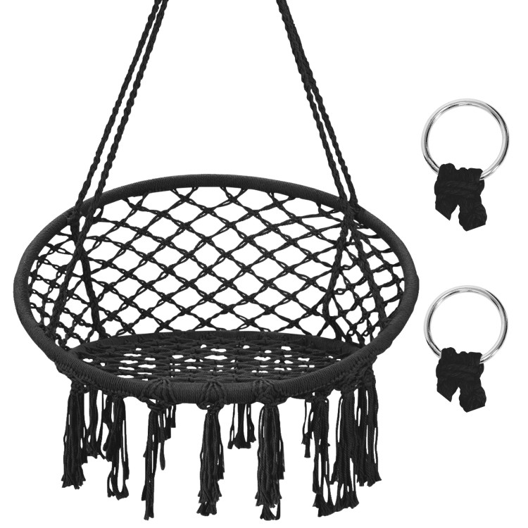 Hanging Macrame Hammock Chair with Handwoven Cotton Backrest-BlackCostway Gallery View 8 of 9