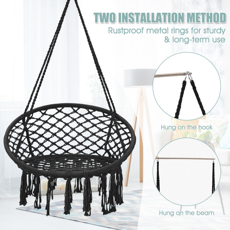 Hanging Macrame Hammock Chair with Handwoven Cotton Backrest-BlackCostway Gallery View 9 of 9