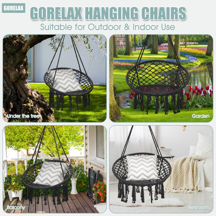Hanging Macrame Hammock Chair with Handwoven Cotton Backrest-BlackCostway Gallery View 5 of 9
