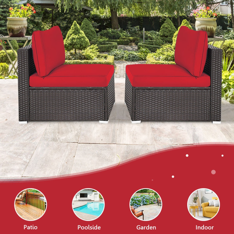 2 Pieces Patio Rattan Armless Sofa Set with 2 Cushions and 2 Pillows-RedCostway Gallery View 3 of 12