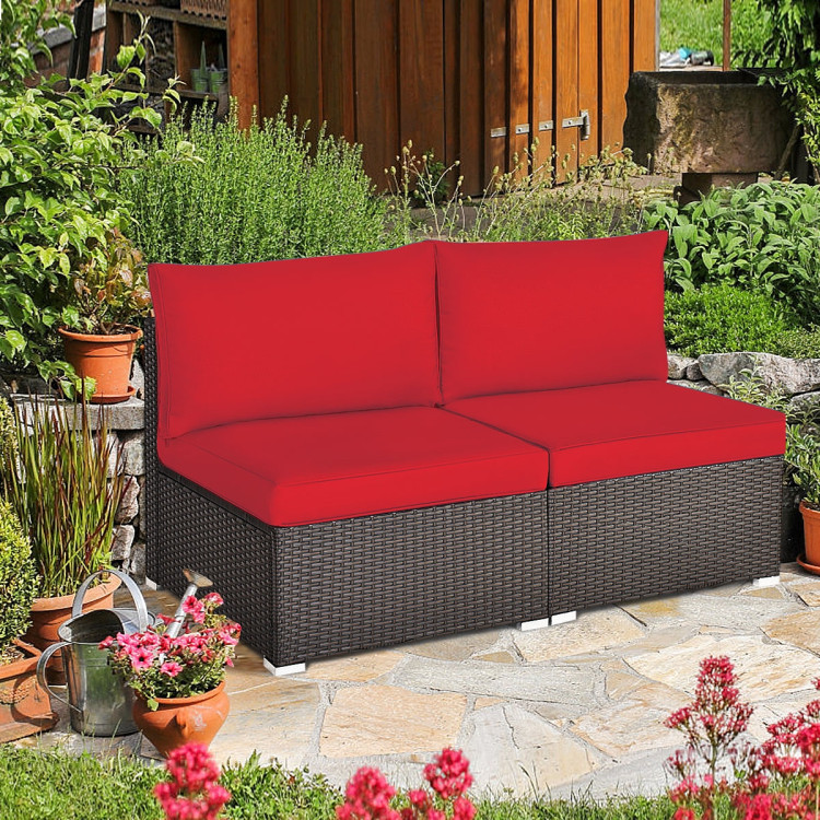 2 Pieces Patio Rattan Armless Sofa Set with 2 Cushions and 2 Pillows-RedCostway Gallery View 6 of 12