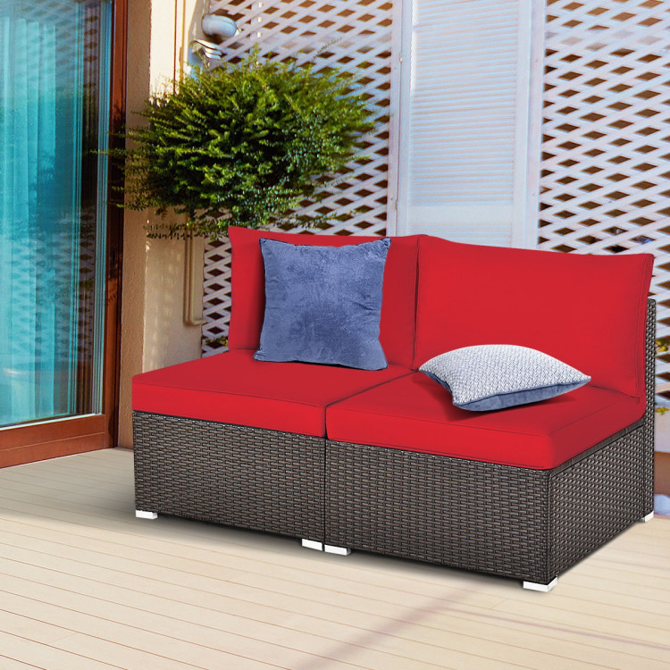 2 Pieces Patio Rattan Armless Sofa Set with 2 Cushions and 2 Pillows-RedCostway Gallery View 2 of 12