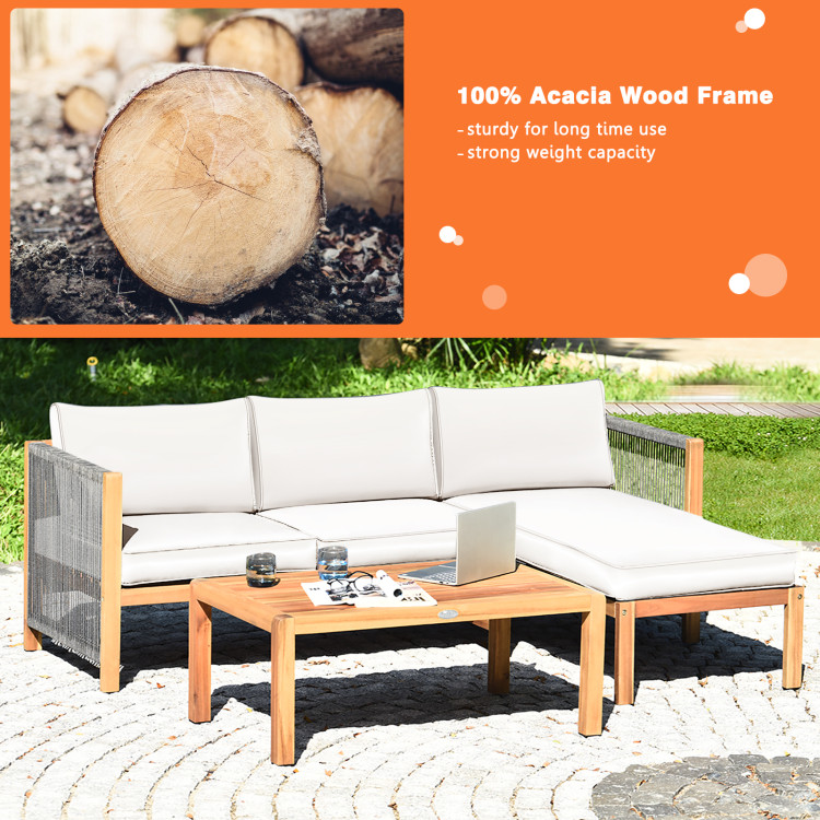 3 Pieces Patio Acacia Wood Sofa Furniture Set with Nylon Rope Armrest-WhiteCostway Gallery View 2 of 10