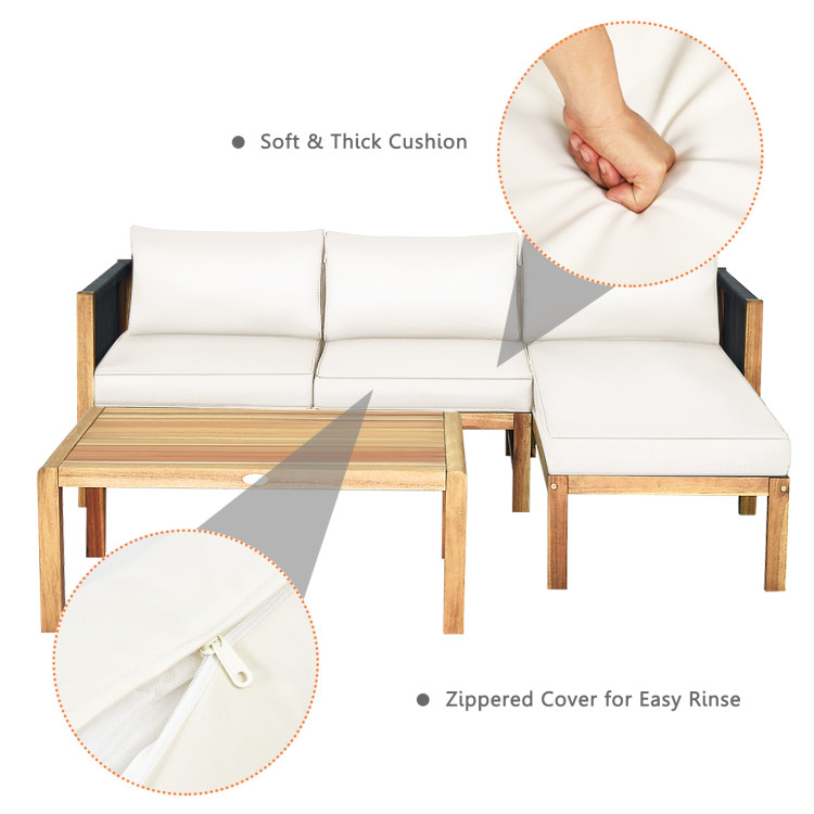 3 Pieces Patio Acacia Wood Sofa Furniture Set with Nylon Rope Armrest-WhiteCostway Gallery View 8 of 10