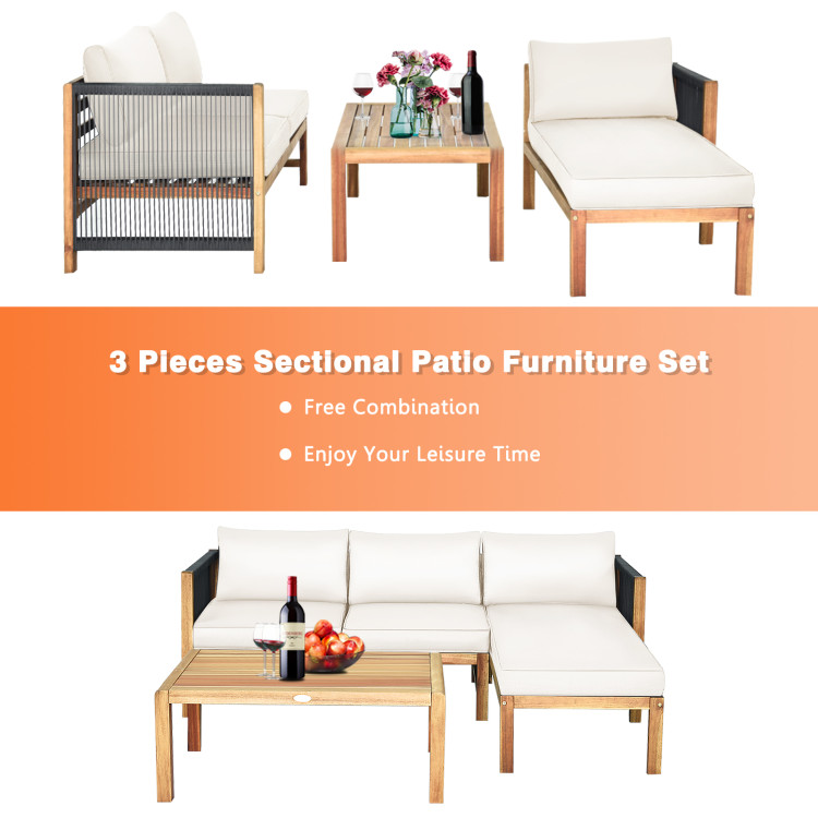 3 Pieces Patio Acacia Wood Sofa Furniture Set with Nylon Rope Armrest-WhiteCostway Gallery View 5 of 10