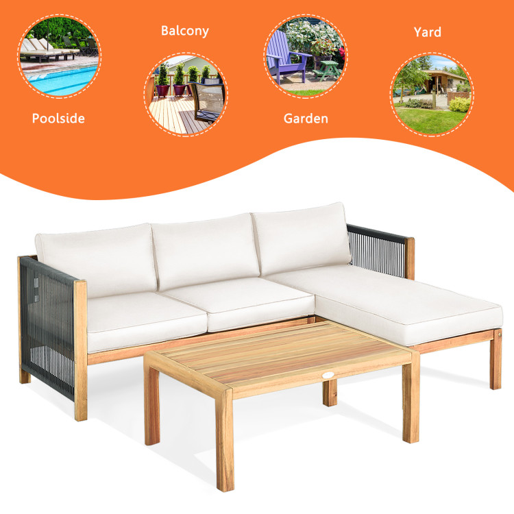 3 Pieces Patio Acacia Wood Sofa Furniture Set with Nylon Rope Armrest-WhiteCostway Gallery View 9 of 10
