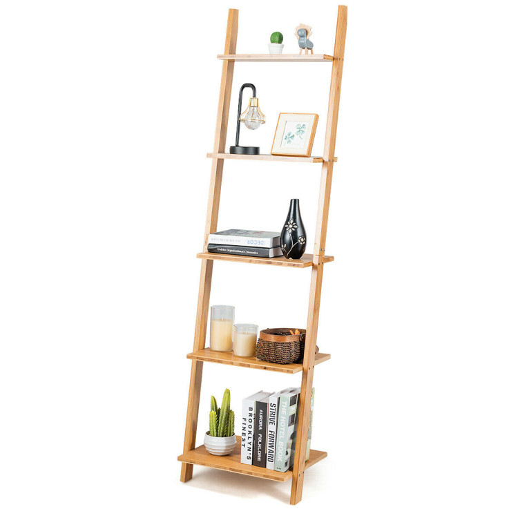 5-Tier Modern Bamboo Wall-Leaning Display Ladder BookshelfCostway Gallery View 7 of 12