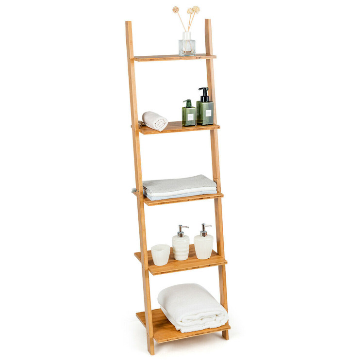 5-Tier Modern Bamboo Wall-Leaning Display Ladder BookshelfCostway Gallery View 6 of 12