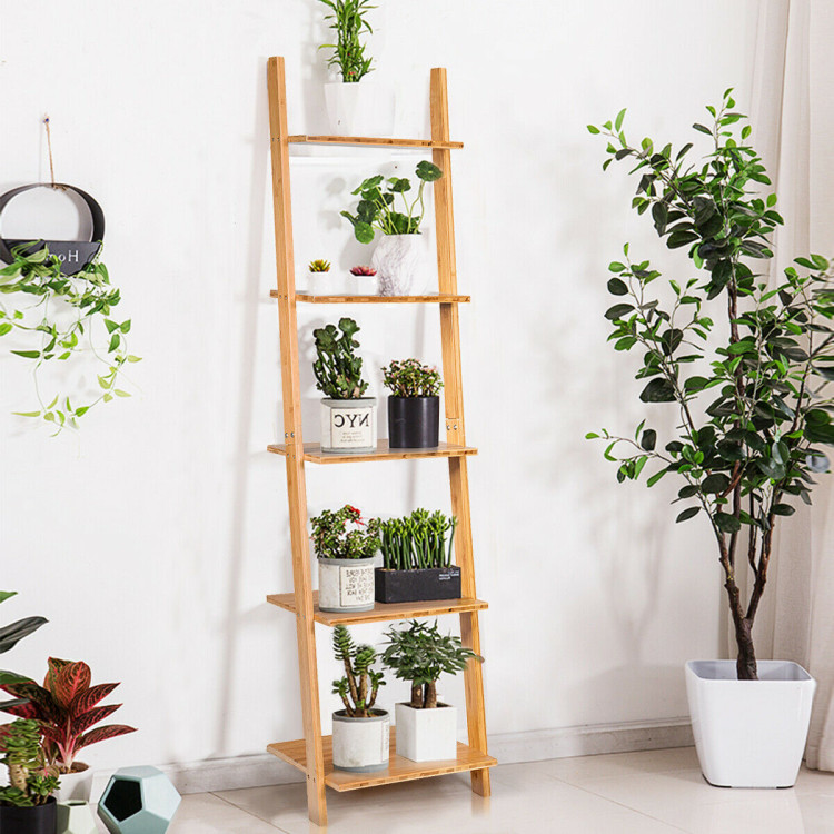 5-Tier Modern Bamboo Wall-Leaning Display Ladder BookshelfCostway Gallery View 2 of 12