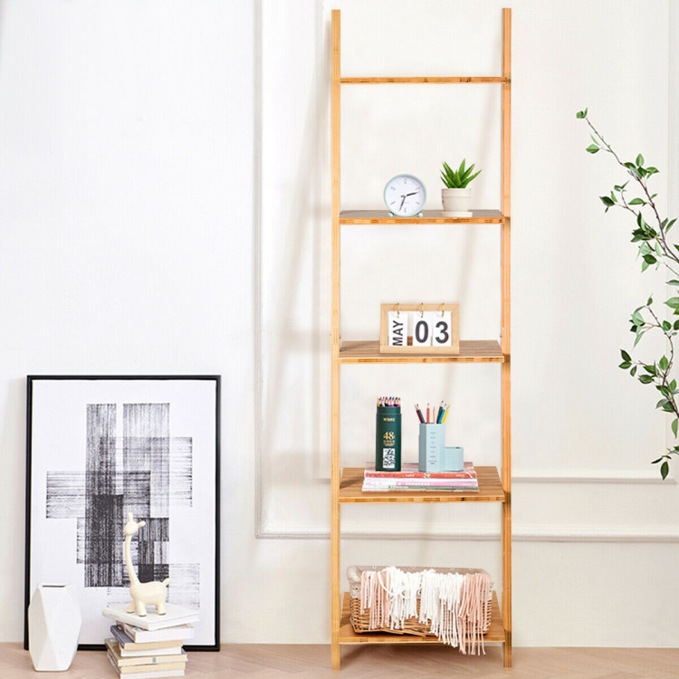 5-Tier Modern Bamboo Wall-Leaning Display Ladder BookshelfCostway Gallery View 5 of 12