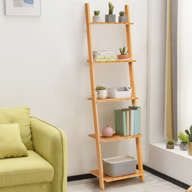 5-Tier Modern Bamboo Wall-Leaning Display Ladder BookshelfCostway Gallery View 3 of 12