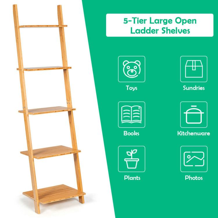 5-Tier Modern Bamboo Wall-Leaning Display Ladder BookshelfCostway Gallery View 10 of 12