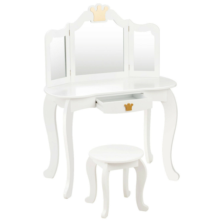Kids Makeup Dressing Table with Tri-folding Mirror and Stool-WhiteCostway Gallery View 1 of 12