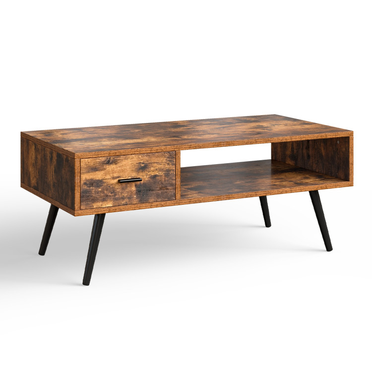 Retro Rectangular Coffee Table with Drawer and Storage Shelf-Rustic BrownCostway Gallery View 1 of 12