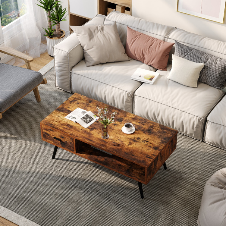 Retro Rectangular Coffee Table with Drawer and Storage Shelf-Rustic BrownCostway Gallery View 7 of 12