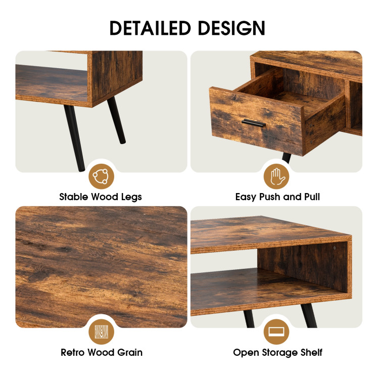 Retro Rectangular Coffee Table with Drawer and Storage Shelf-Rustic BrownCostway Gallery View 5 of 12