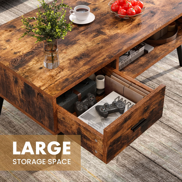 Retro Rectangular Coffee Table with Drawer and Storage Shelf-Rustic BrownCostway Gallery View 12 of 12