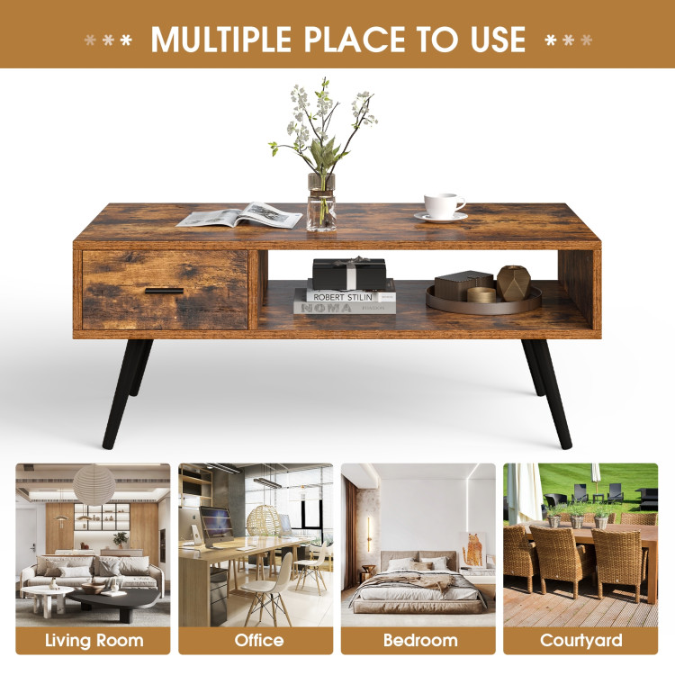 Retro Rectangular Coffee Table with Drawer and Storage Shelf-Rustic BrownCostway Gallery View 3 of 12