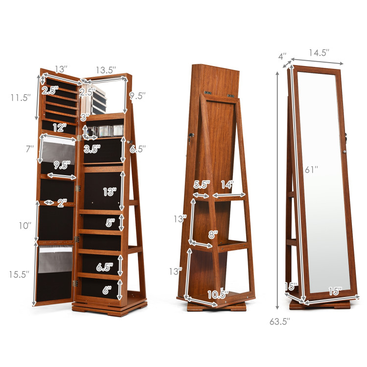 360° Rotatable 2-in-1 Lockable Jewelry Cabinet with Full-Length Mirror-BrownCostway Gallery View 4 of 8
