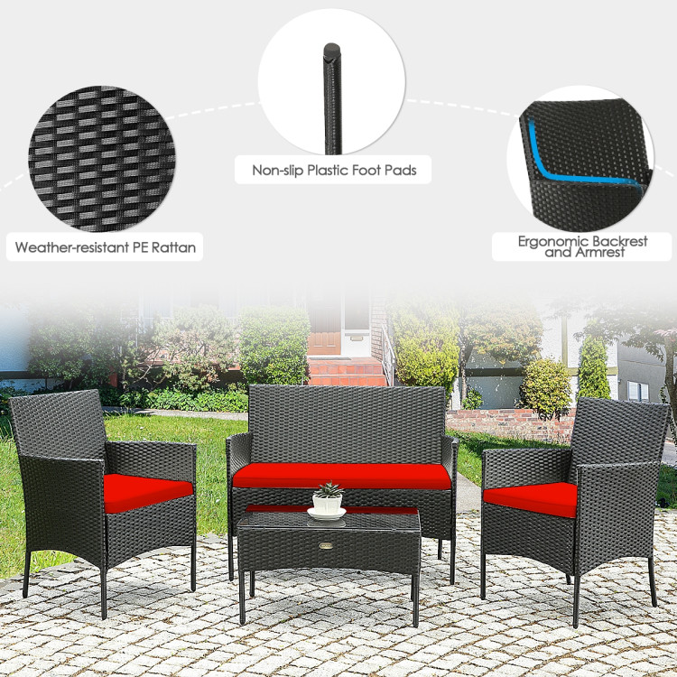 4 Pcs Patio Rattan Cushioned Sofa Furniture Set with Tempered Glass Coffee Table-RedCostway Gallery View 15 of 15