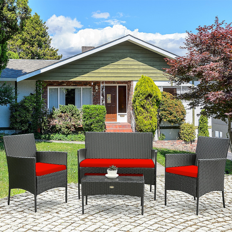 4 Pcs Patio Rattan Cushioned Sofa Furniture Set with Tempered Glass Coffee Table-RedCostway Gallery View 8 of 15