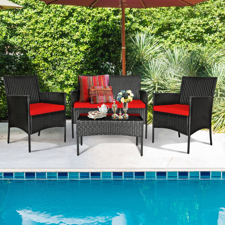 4 Pcs Patio Rattan Cushioned Sofa Furniture Set with Tempered Glass Coffee Table-RedCostway Gallery View 7 of 15