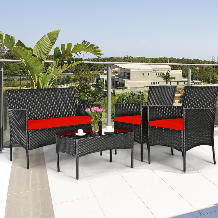 4 Pcs Patio Rattan Cushioned Sofa Furniture Set with Tempered Glass Coffee Table-RedCostway Gallery View 9 of 15